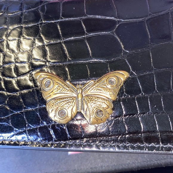 GUCCI GARDEN CROCCO Blk Crocodile Skin MOTH Brass Emblem Trifold Small Wallet,IT - Picture 3 of 10